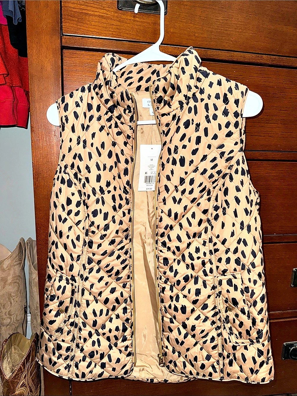 Crown & Ivy Quilted Animal Print Vest Brown & Black Medium